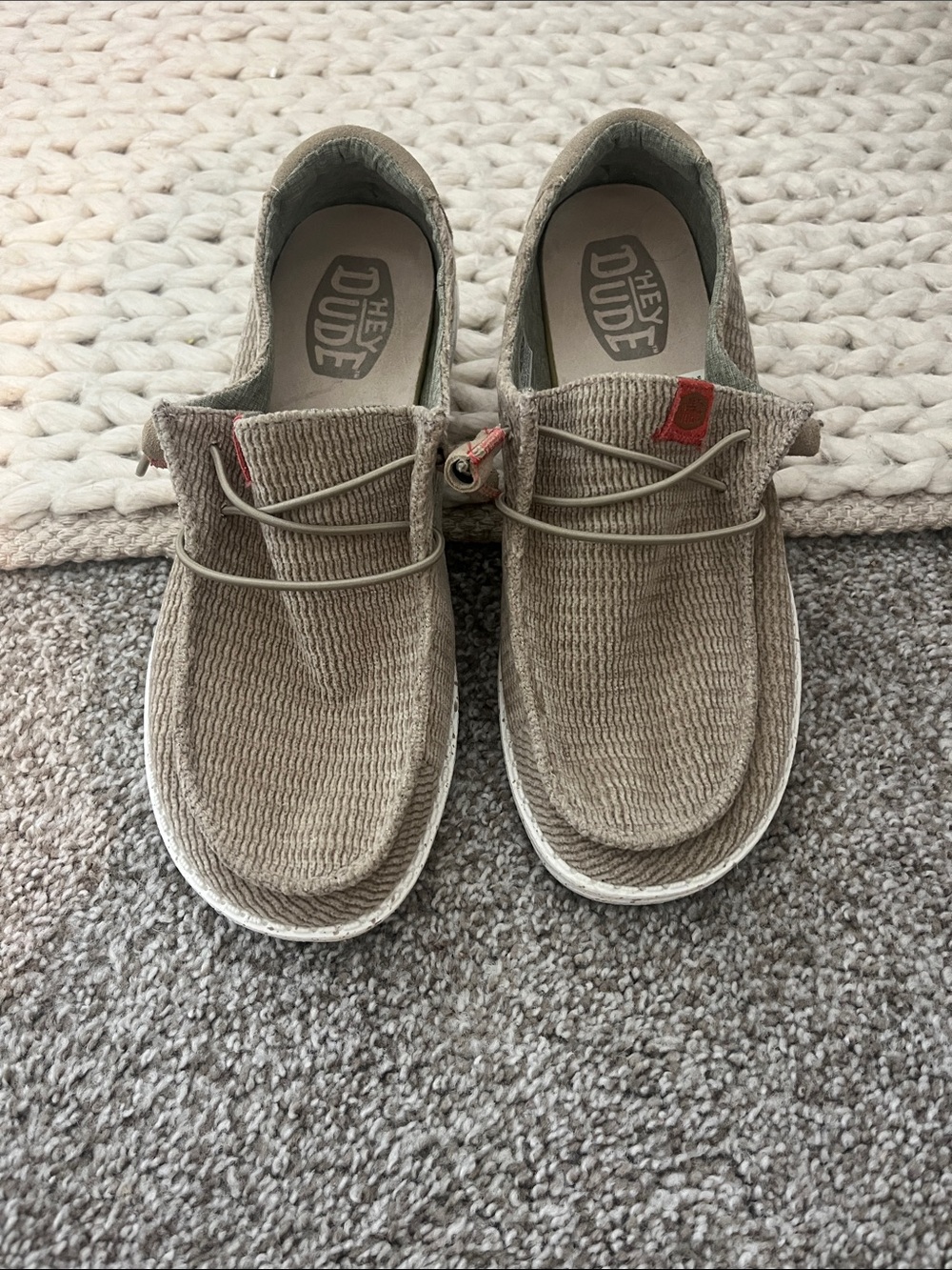 Hey Dude Tan Knit Slip-On Sneakers with Subtle Red Accents-worn only 2 times